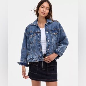 Avec Les Filles Horse Embroidered Denim Trucker Jacket